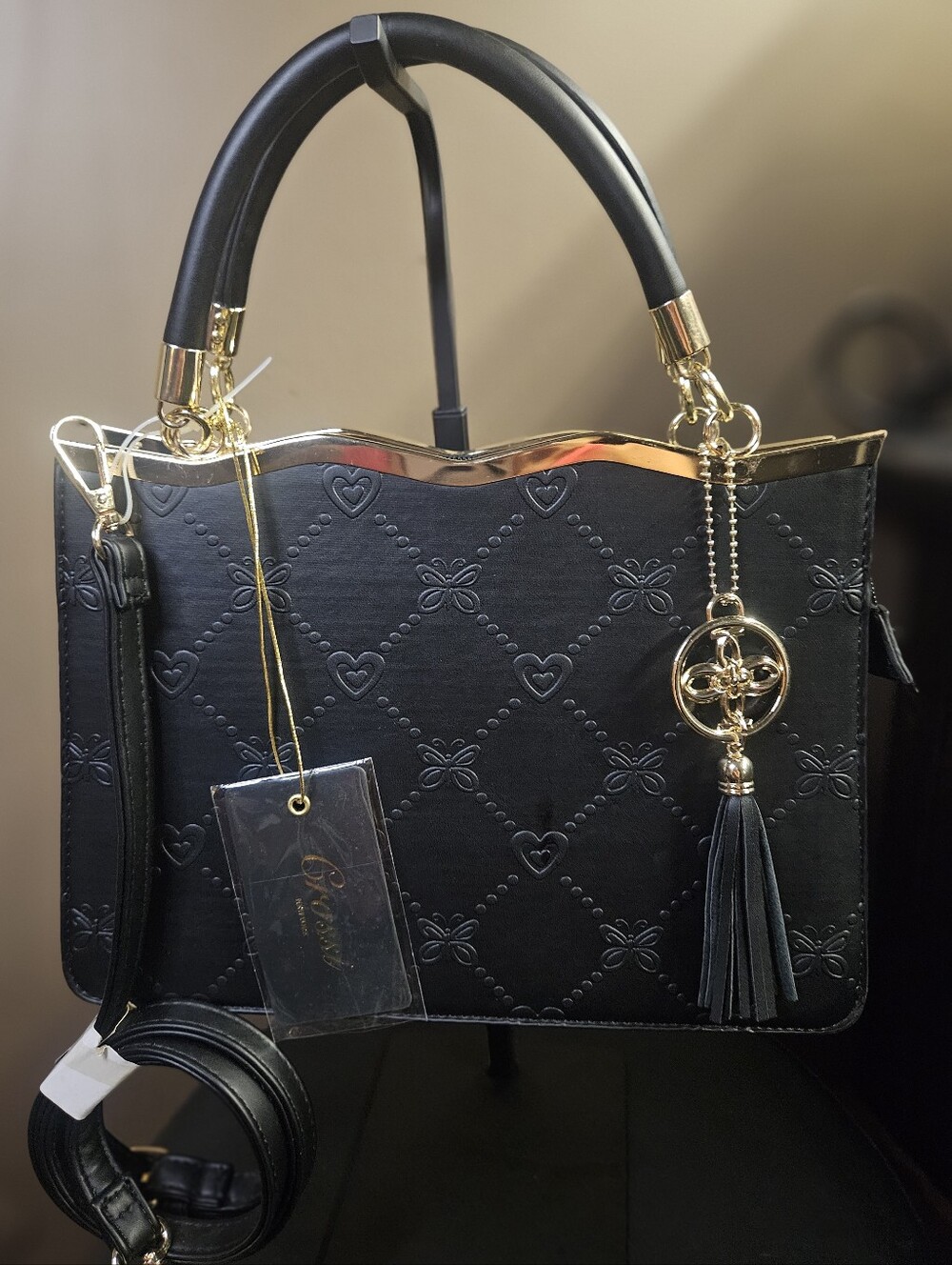 Grossi Black Butterfly Heart Tote with Gold Trim and Crossbody Strap